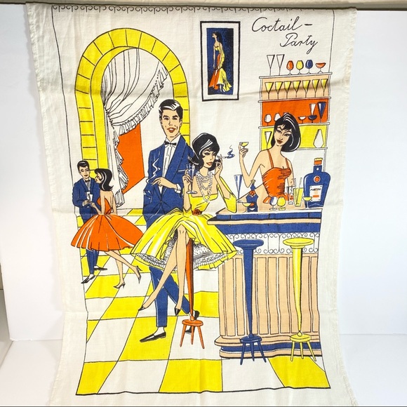 Vintage Linen MCM Cocktail Smoking Bar Tea Towel - Picture 1 of 7